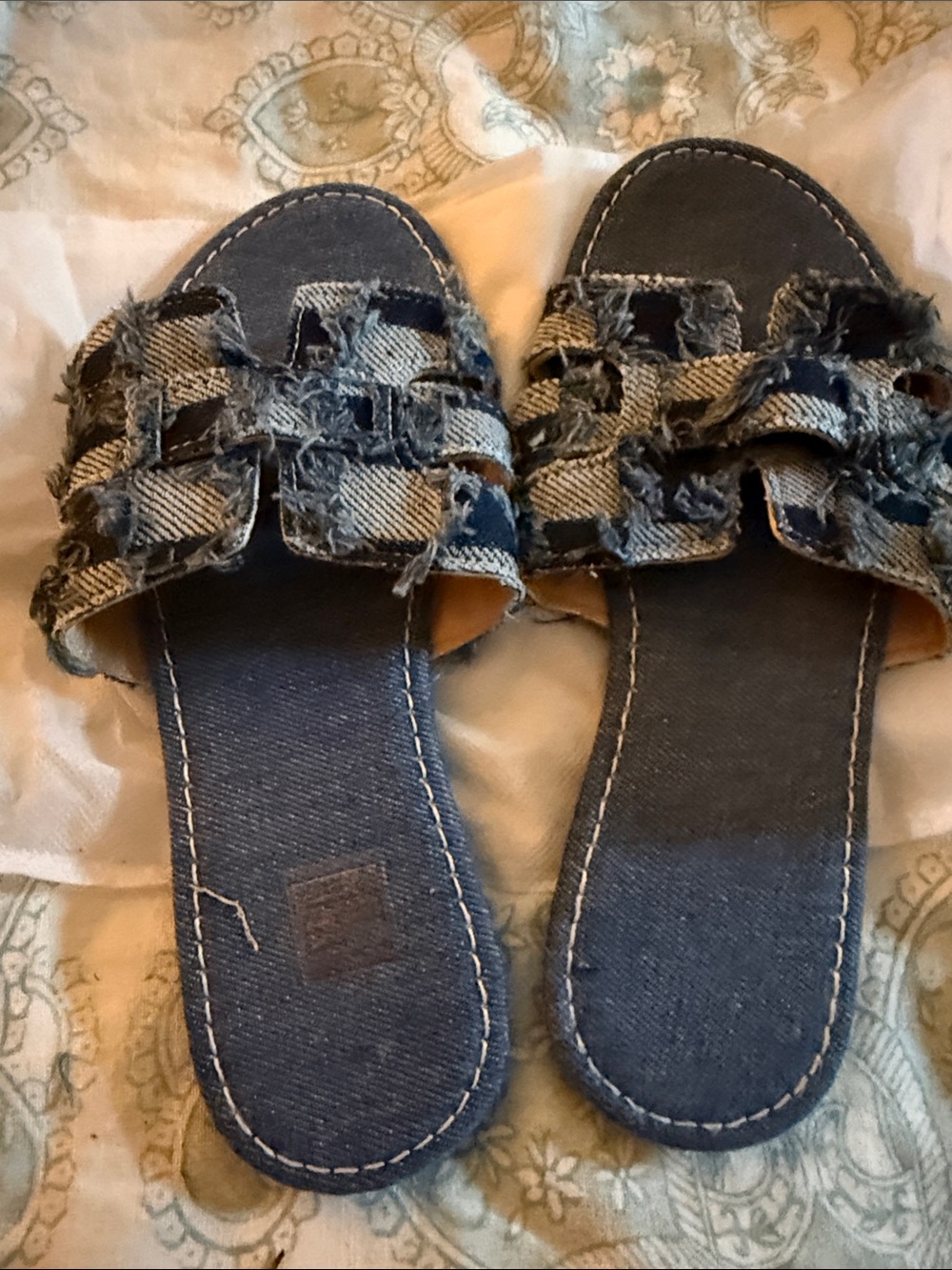 Denim Slide Sandals - Women's Blue Woven Strap Slides